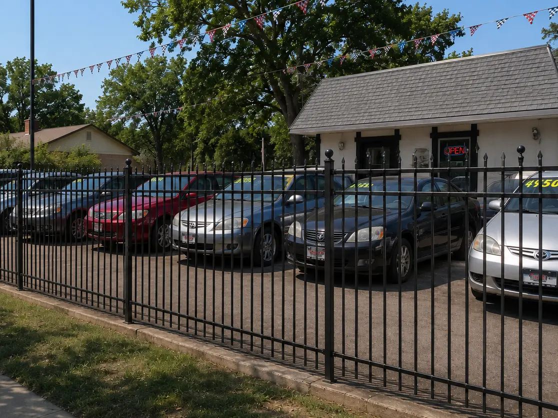 Representative car dealership perimeter with black decorative steel fence