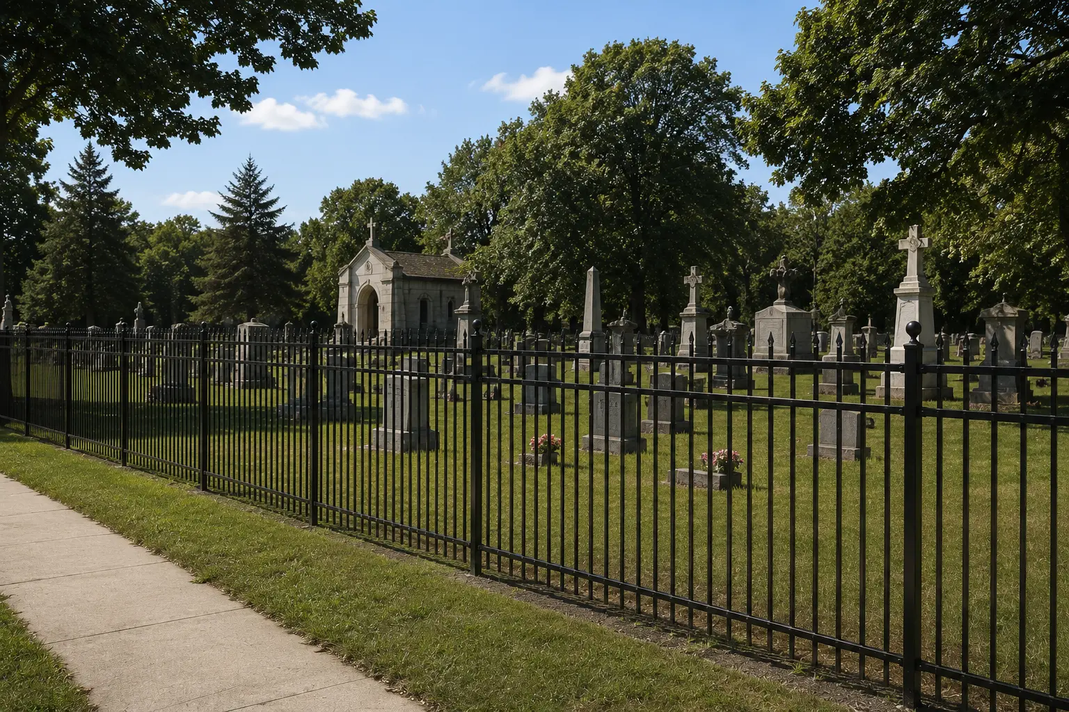 Representative cemetery property with a long black decorative steel perimeter fence