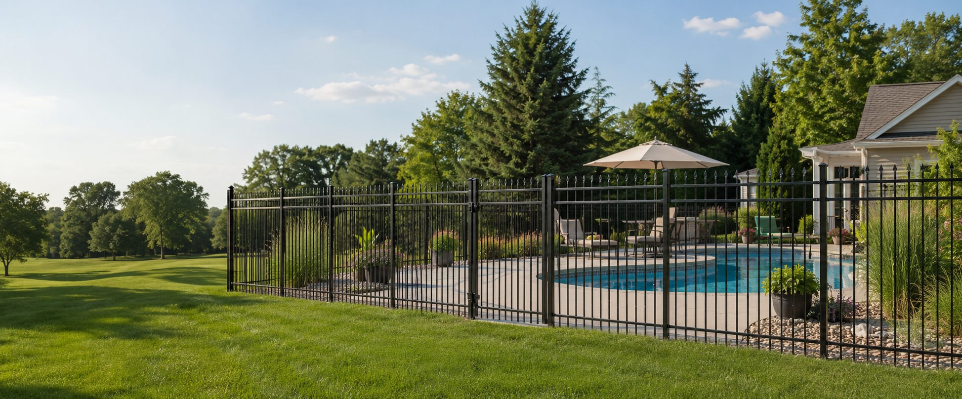 Representative residential pool enclosed by black decorative steel fence with a walk gate